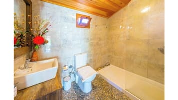 Een haardroger, handdoeken, zeep, toiletpapier