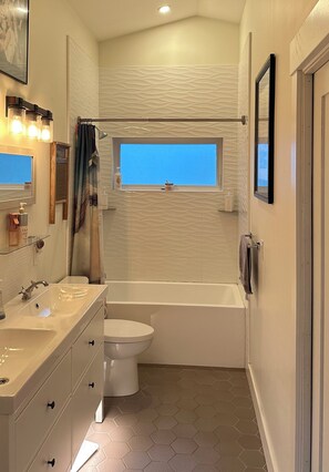 Hair dryer, towels, soap, toilet paper