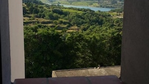 Vista des d'una finestra sobre un paisatge exuberant amb un llac i les colines.
