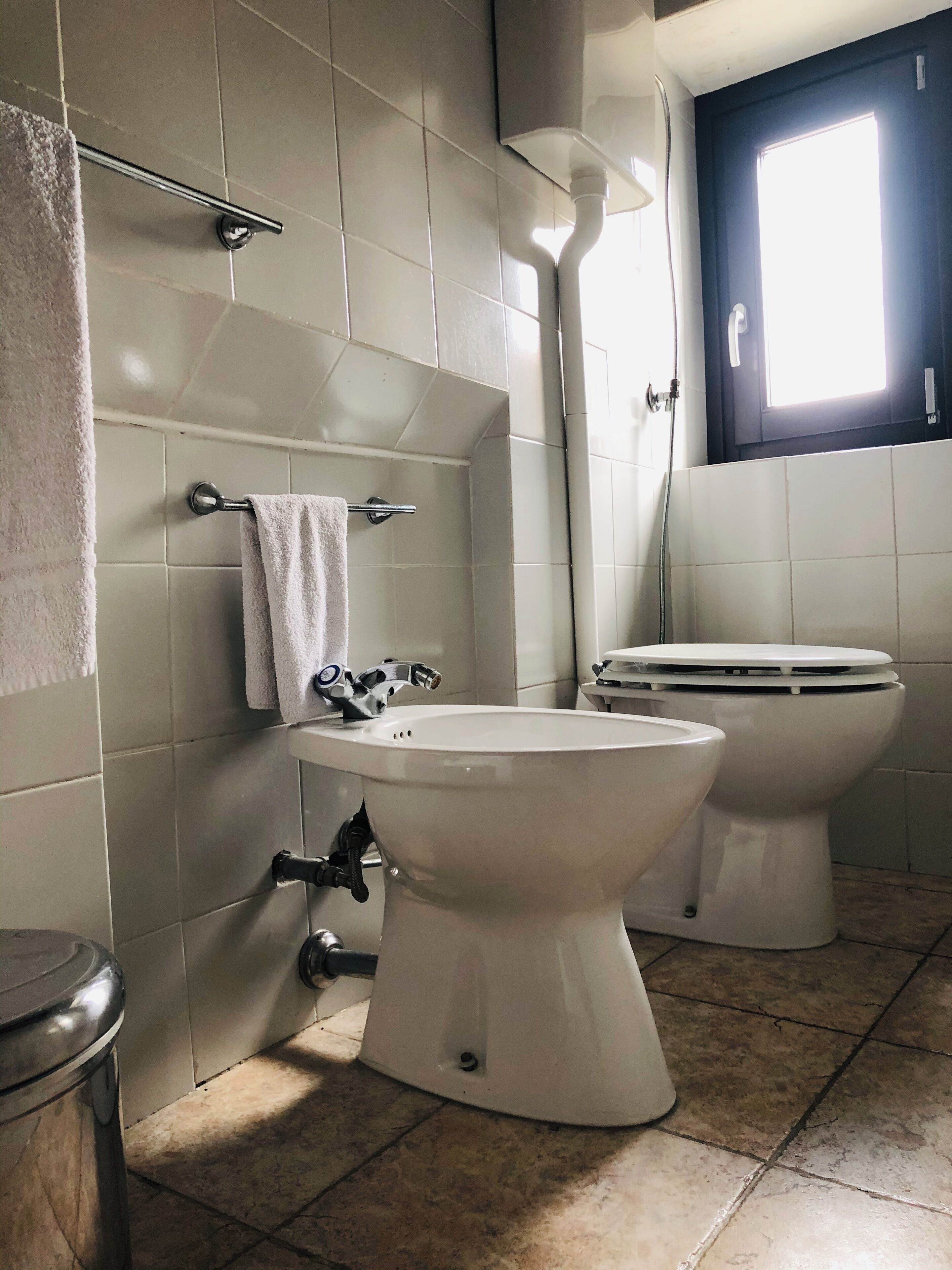 Ein Badezimmer mit zwei Toiletten, einem Waschbecken, einem Handtuchhalter und einem Fenster.