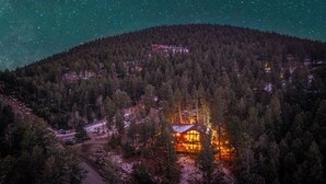 Eine Lodge, umgeben von dichtem Wald, unter einem sternenübersäten Nachthimmel.