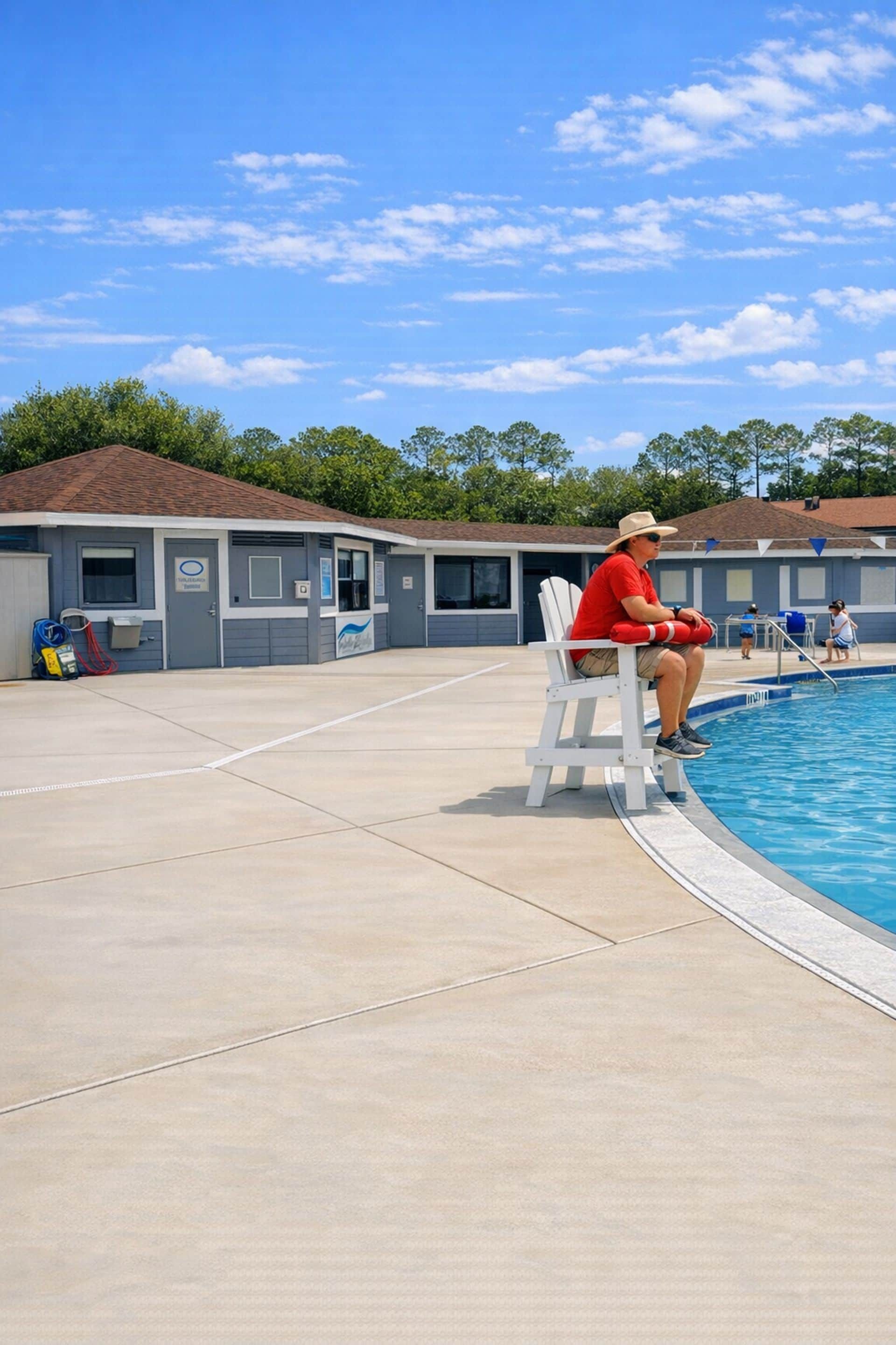 Une zone avec une piscine, un poste de surveillance pour le sauveteur, un bâtiment avec une enseigne et une personne assise au bord de la piscine.