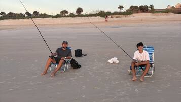 Two individuals seated on beach chairs on a sandy beach with fishing rods, a clear sky, and palm trees in the background.