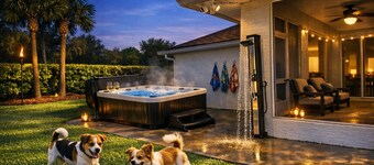 90‑Jet Hot Tub   • Secure Dog Yard • Tropical Modern Retreat