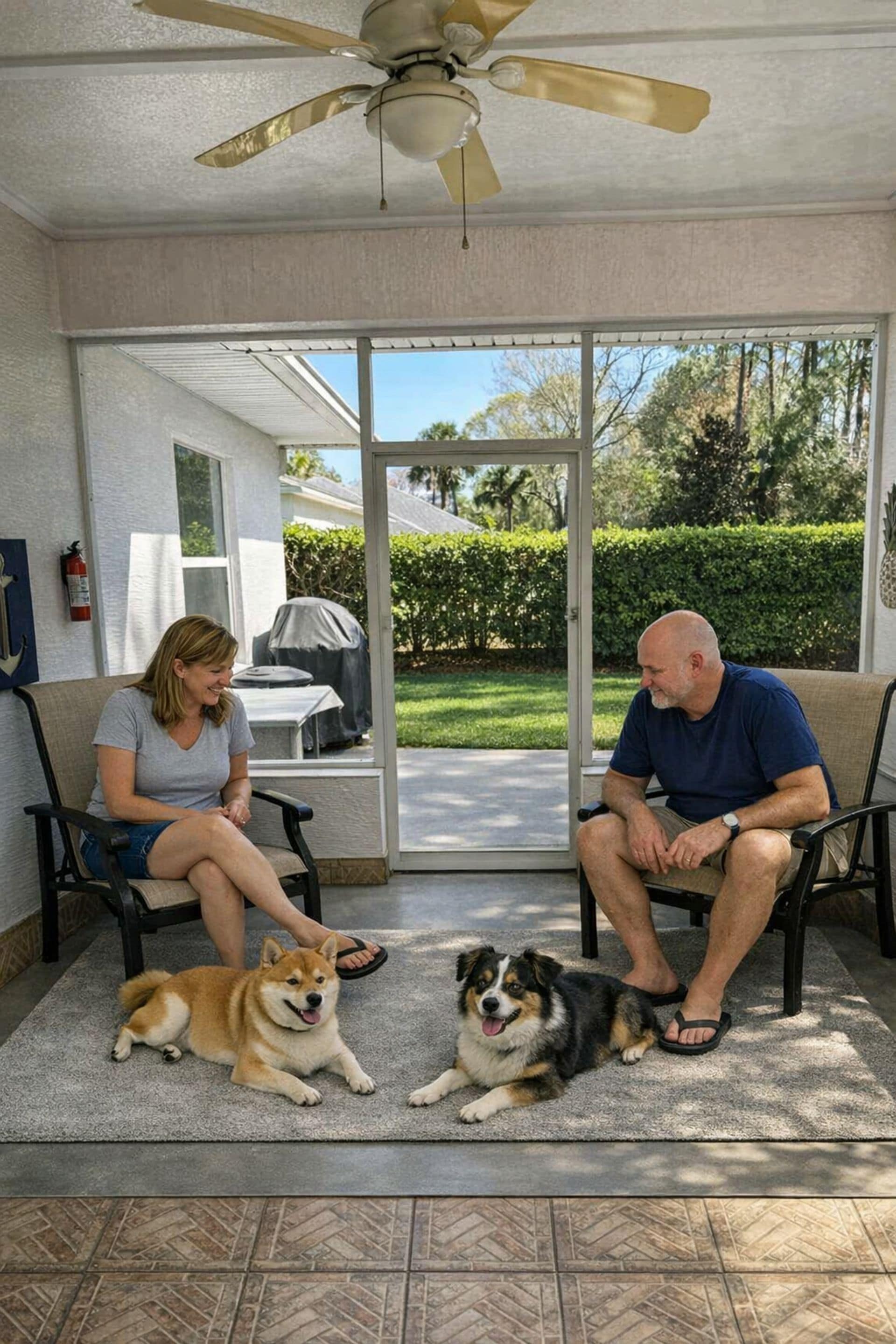Un espacio patio interior con ventilador de techo, dos sillas, un extintor y dos perros.