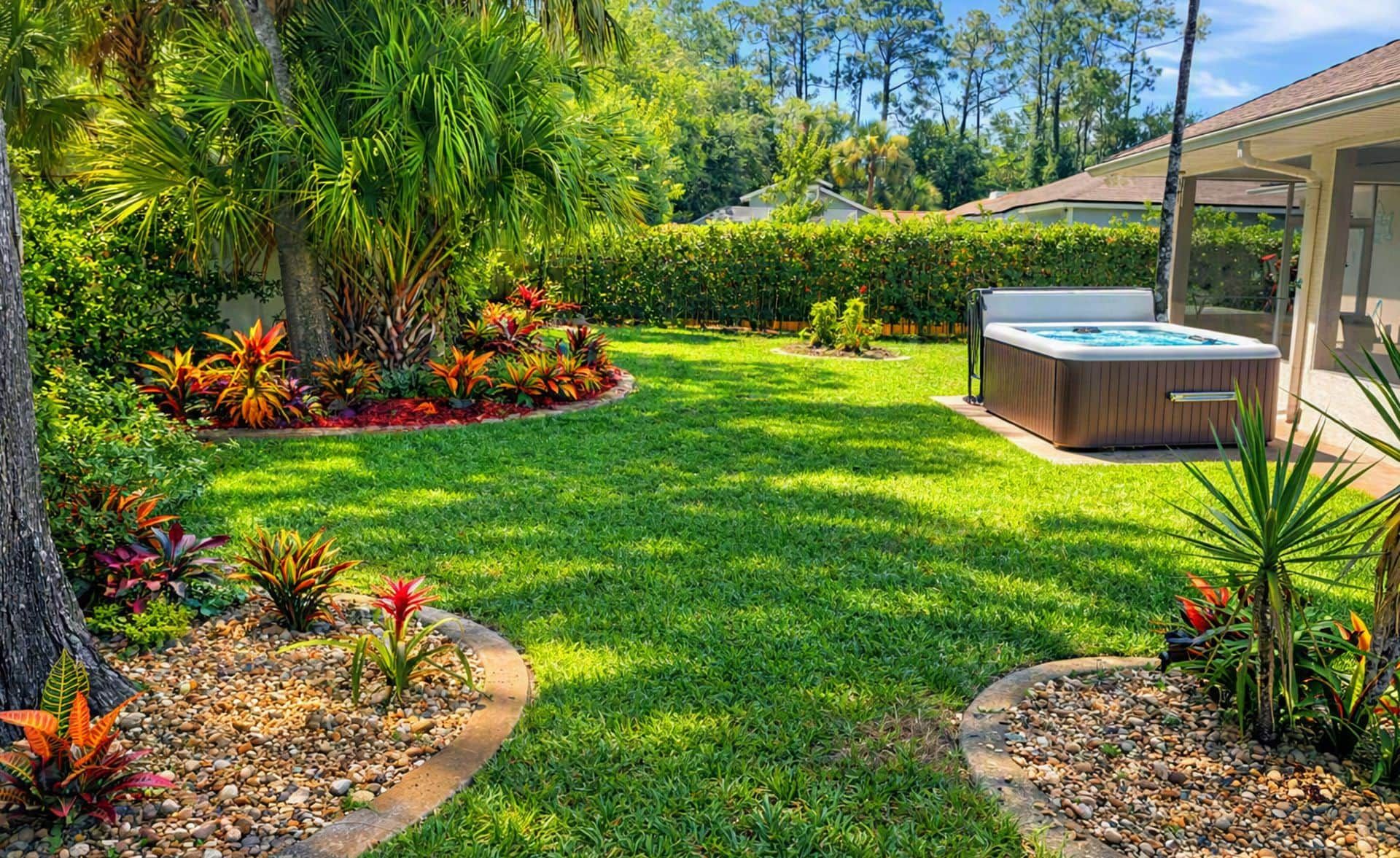 Ein gepflegter Garten mit Whirlpool, umgeben von verschiedenen Pflanzen und einer Rasenfläche.