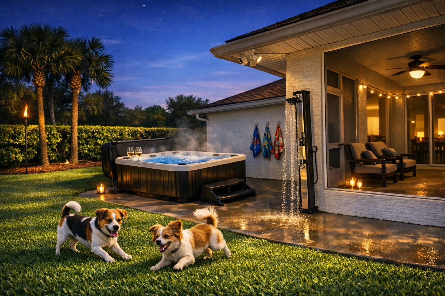 Un jacuzzi dans un jardin, avec deux chiens, une terrasse avec des chaises et un espace abrité décoré de guirlandes lumineuses.