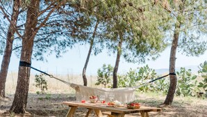 A wooden picnic table with a hammock, surrounded by trees and a clear view of the sky. - Villa Adele Alcamo, private pool and privacy (ALCAMO)