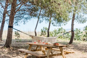 Ein Holztisch für ein Picknick mit einer Hängematte, umgeben von Bäumen und freiem Blick zum Himmel.