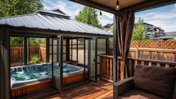 Ein Bereich mit Whirlpool, Glastüren, einer Holzterrasse und einem Korbssessel-Sofa.
