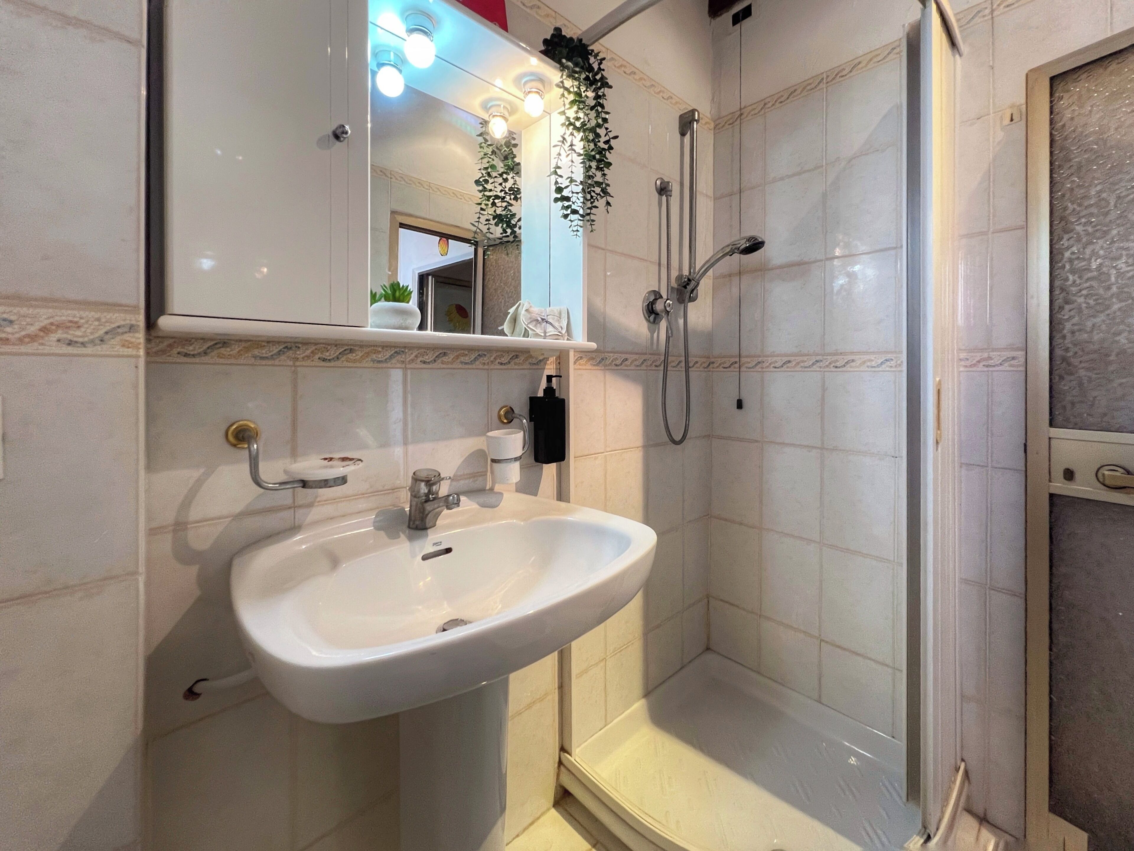 Une salle de bain avec un lavabo blanc, un miroir et un espace douche.