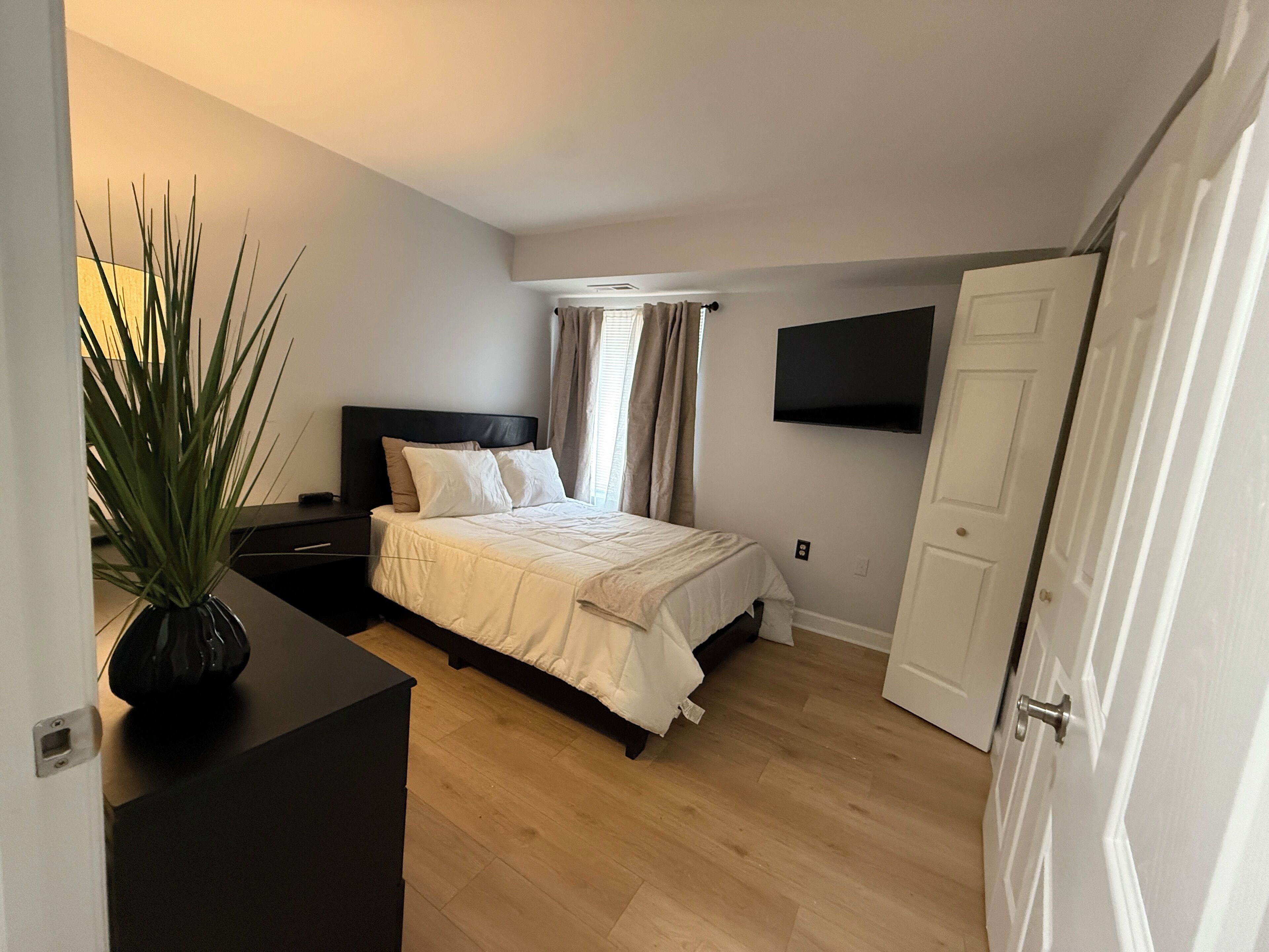 Ein Schlafzimmer mit Bett, Nachttisch, Topfpflanze, Wand-Fernseher und einer Tür.