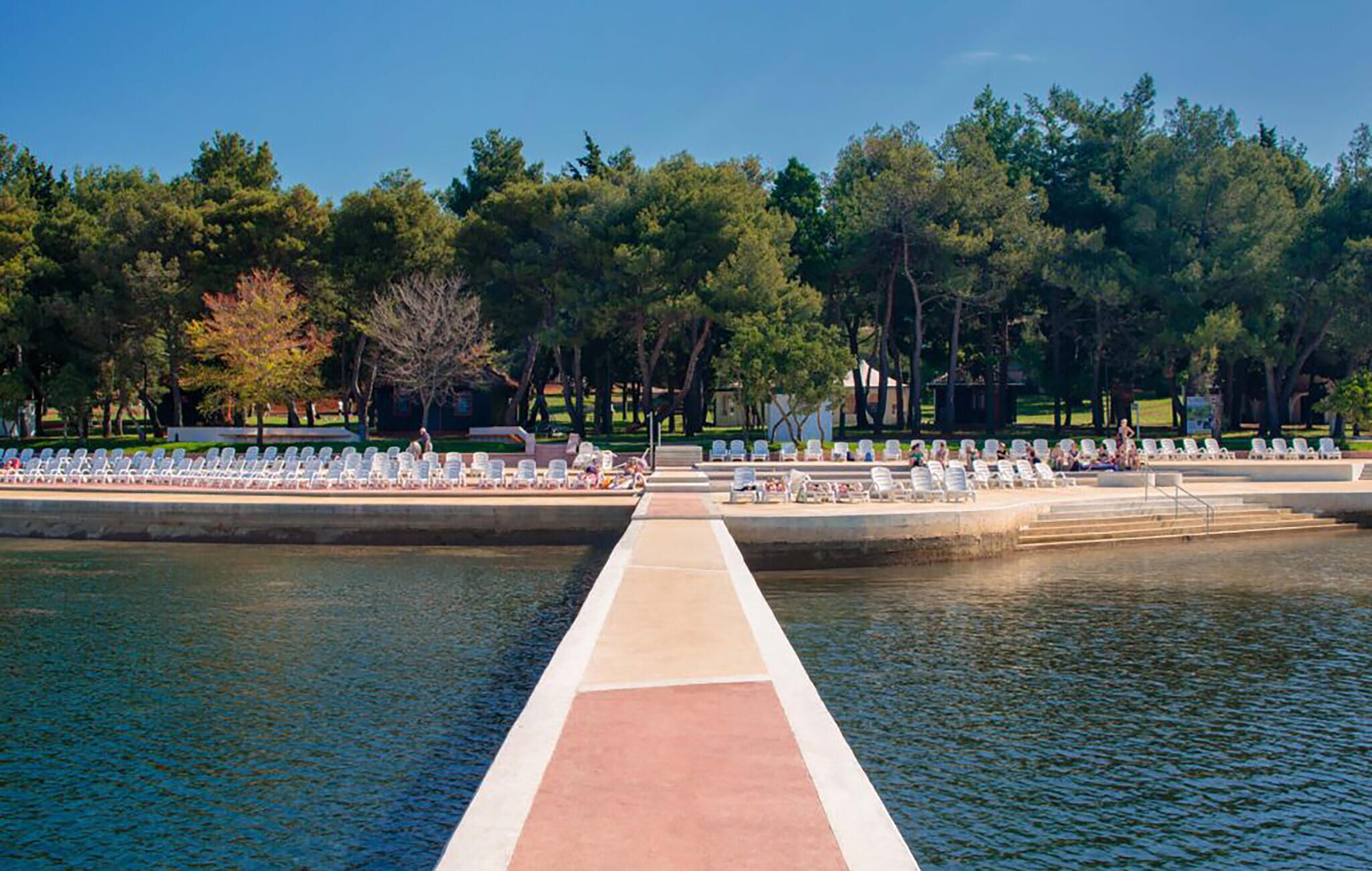 Un canal largo y estrecho con un paseo de hormigón que conduce a una zona de piscina rodeada de árboles.