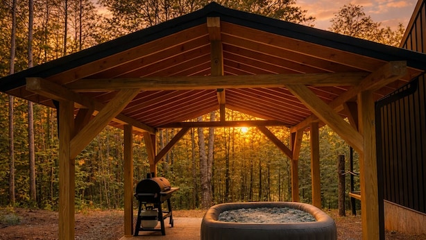 Ein hölzerner Pavillon mit Whirlpool und Grill inmitten eines bewaldeten Geländes.