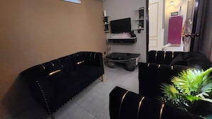 A living room with a black sofa, a TV mounted on the wall, and a small table with a plant.