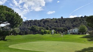 Un campo de golf con un mástil de bandera en primer plano, rodeado de hierba verde exuberante y árboles.