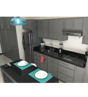 Executive-loftsværelse | Privat køkken | Køleskab/fryser i fuld størrelse, mikrobølgeovn, blender, køkkenø