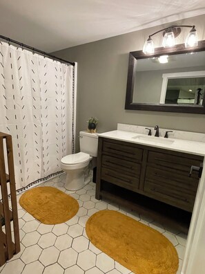 Hair dryer, towels, soap, toilet paper