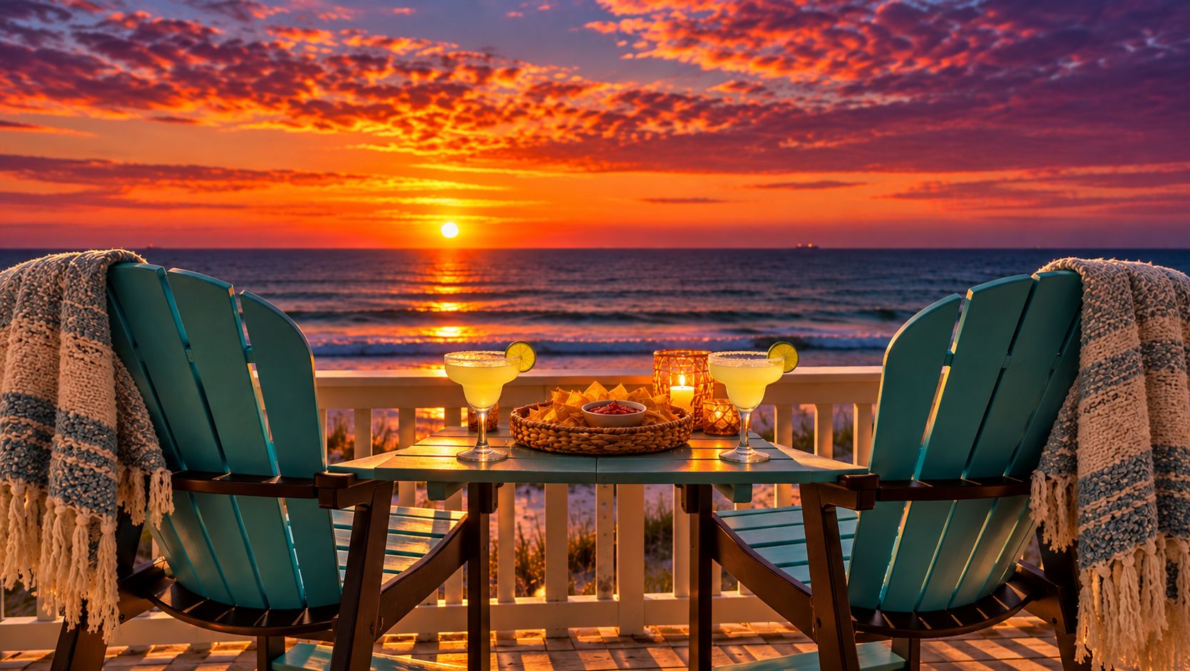 Zonsondergang vanaf een balkon met twee stoelen, een tafel met een drankje en een mand met snacks.