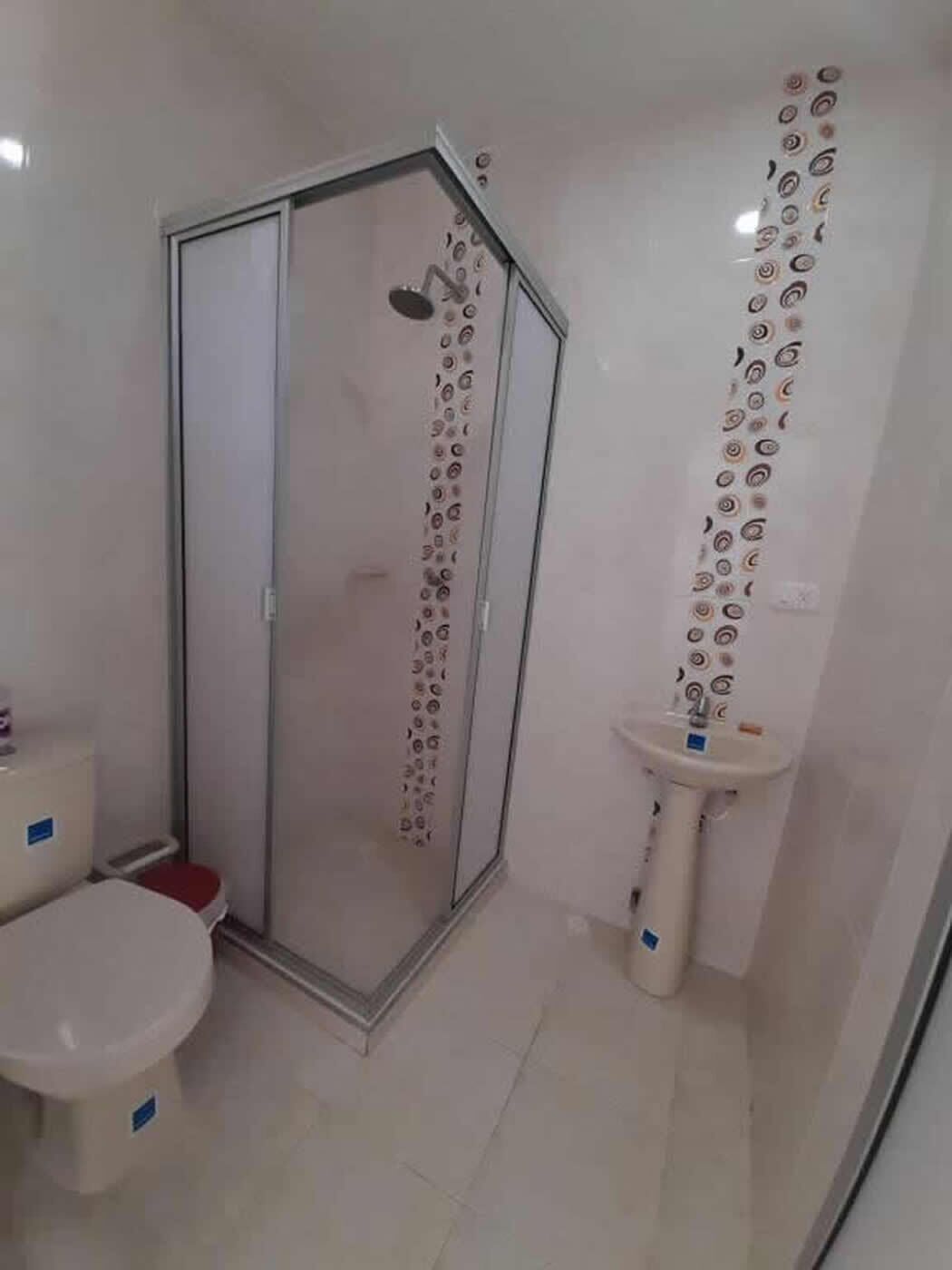 Shower, towels, soap, toilet paper