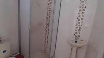 Shower, towels, soap, toilet paper