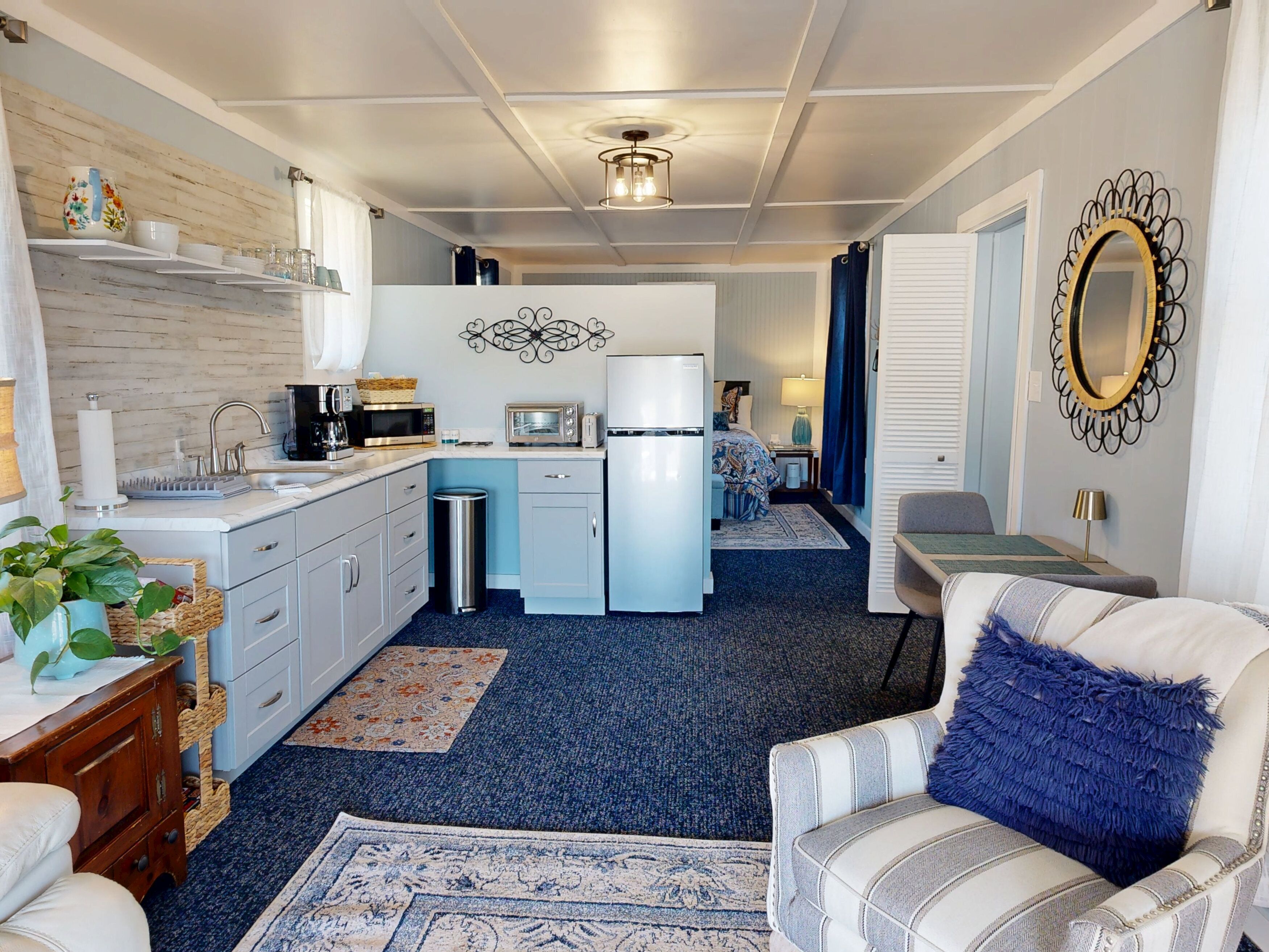 Smart TV, fireplace, books