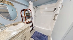 Hair dryer, towels, soap, shampoo