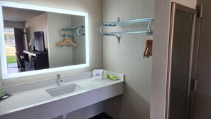 Hair dryer, towels, soap, toilet paper