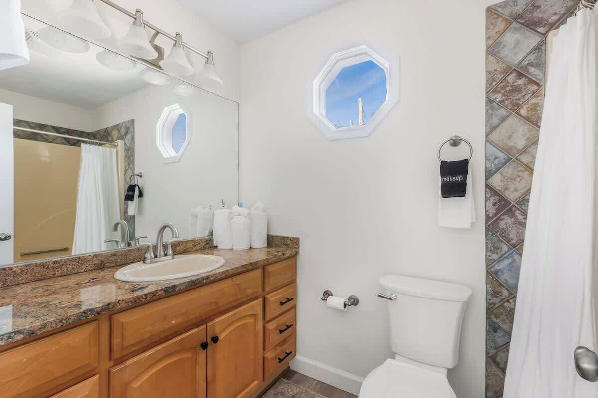 Une salle de bain équipée d’un lavabo, d’un miroir, de toilettes et d’un rideau de douche.