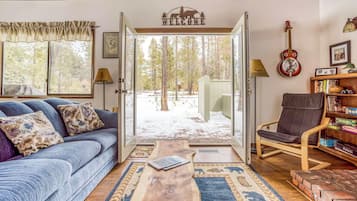 TV connectée, cheminée, livres, écrans d'ordinateur