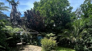 Ein gepflegter Garten mit verschiedenen Pflanzen und Bäumen, einer Steinterrasse und einem klaren Himmel.