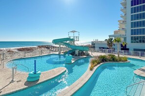 Indoor pool, a heated pool - Luxury Corner Beachfront Condo w/ Lazy River, Water Slide & Gulf Views | BEACHBALL PROPERTIES (Gulf Shores)