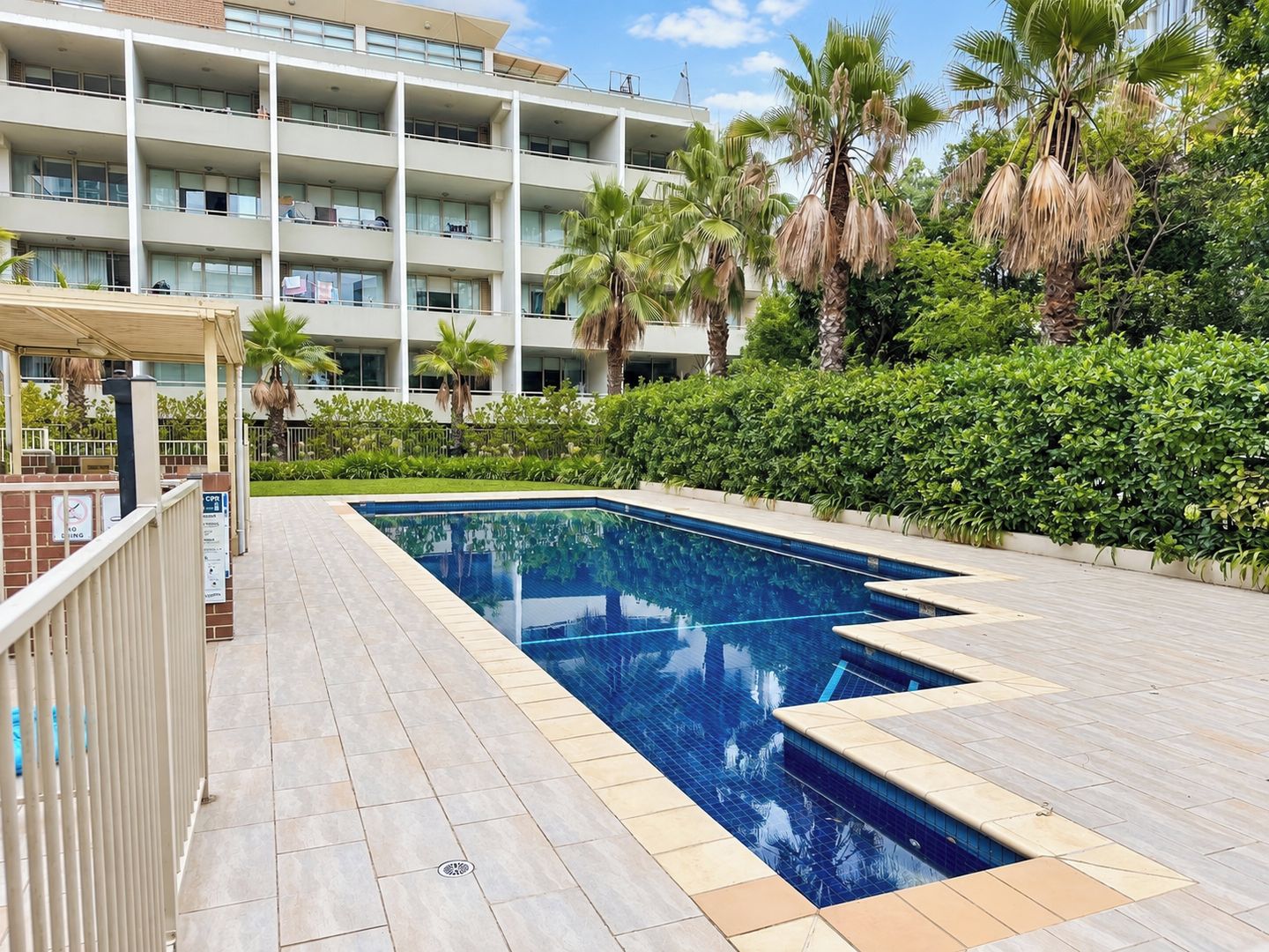 A swimming pool with a tiled deck, surrounded by palm trees and a multi-story building in the background.