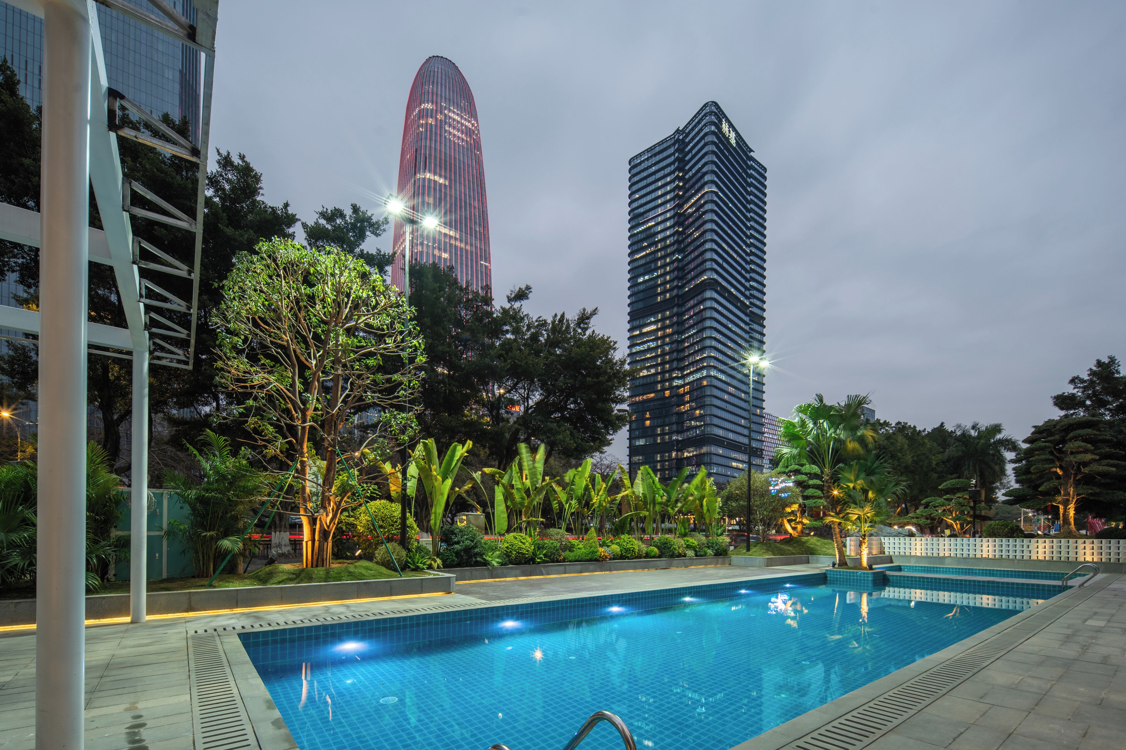 Outdoor pool, pool umbrellas, pool loungers