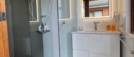 Hair dryer, towels, soap, toilet paper