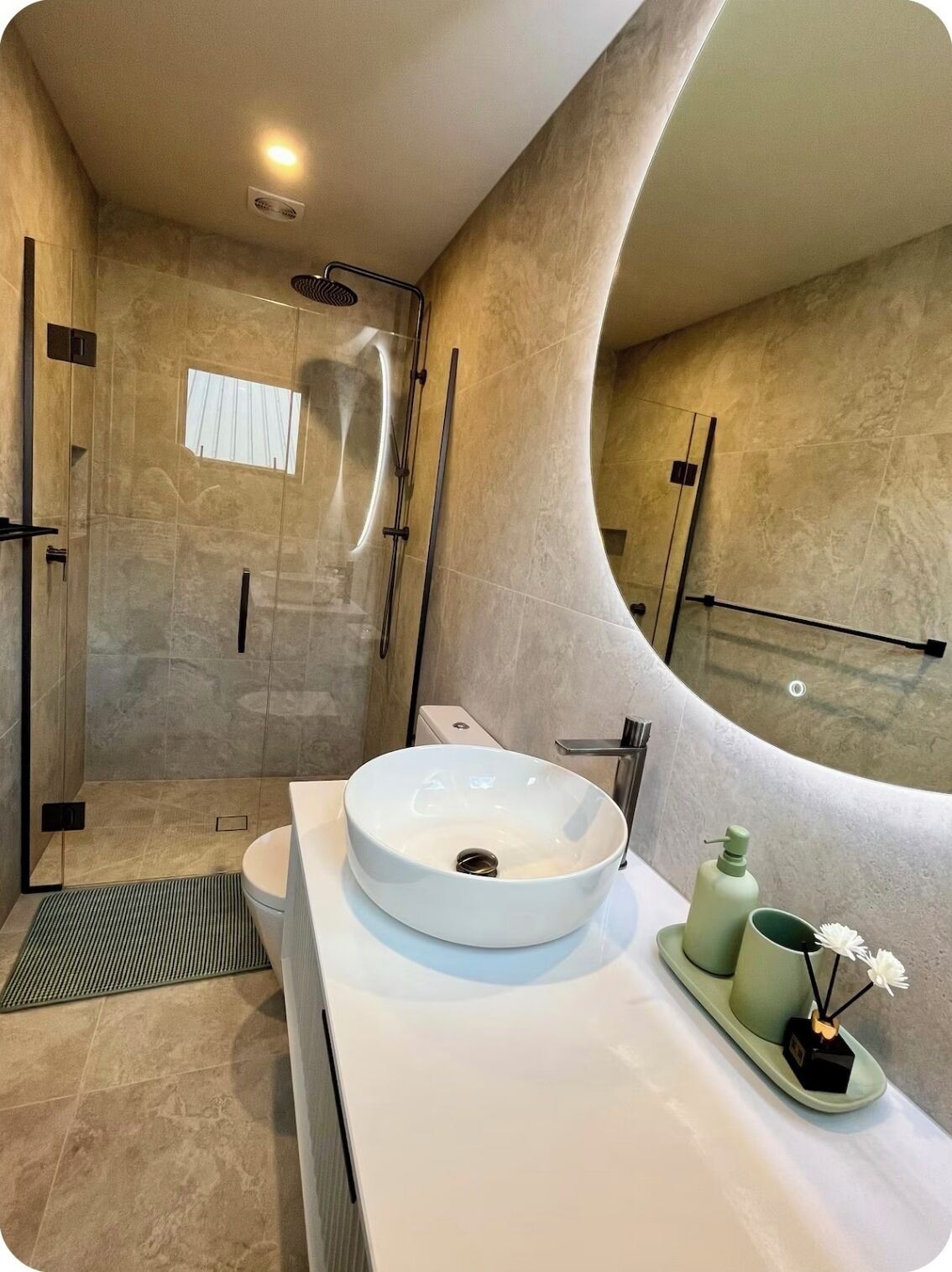 Hair dryer, towels, soap, toilet paper