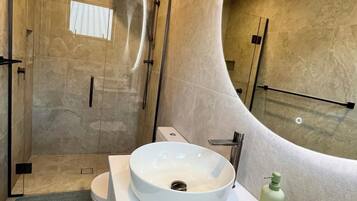 Hair dryer, towels, soap, toilet paper