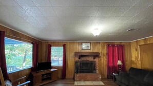 A living room with a fireplace, wooden walls, a television, and a couch. - Comfortable 3-Bedroom Retreat with Fireplace, Full Kitchen & Outdoor Firepit (Zwolle)