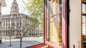 Una ventana con vista a un edificio histórico y un árbol.