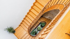 Una escalera de madera con barandilla, una planta pequeña en el rellano y una planta en maceta en el suelo.