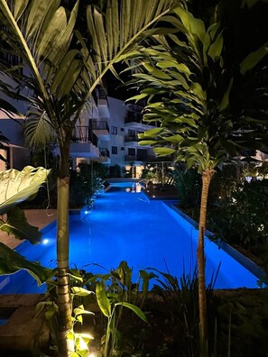 Ein Schwimmbad bei Nacht mit umgebender Bepflanzung und einem Gebäude im Hintergrund.