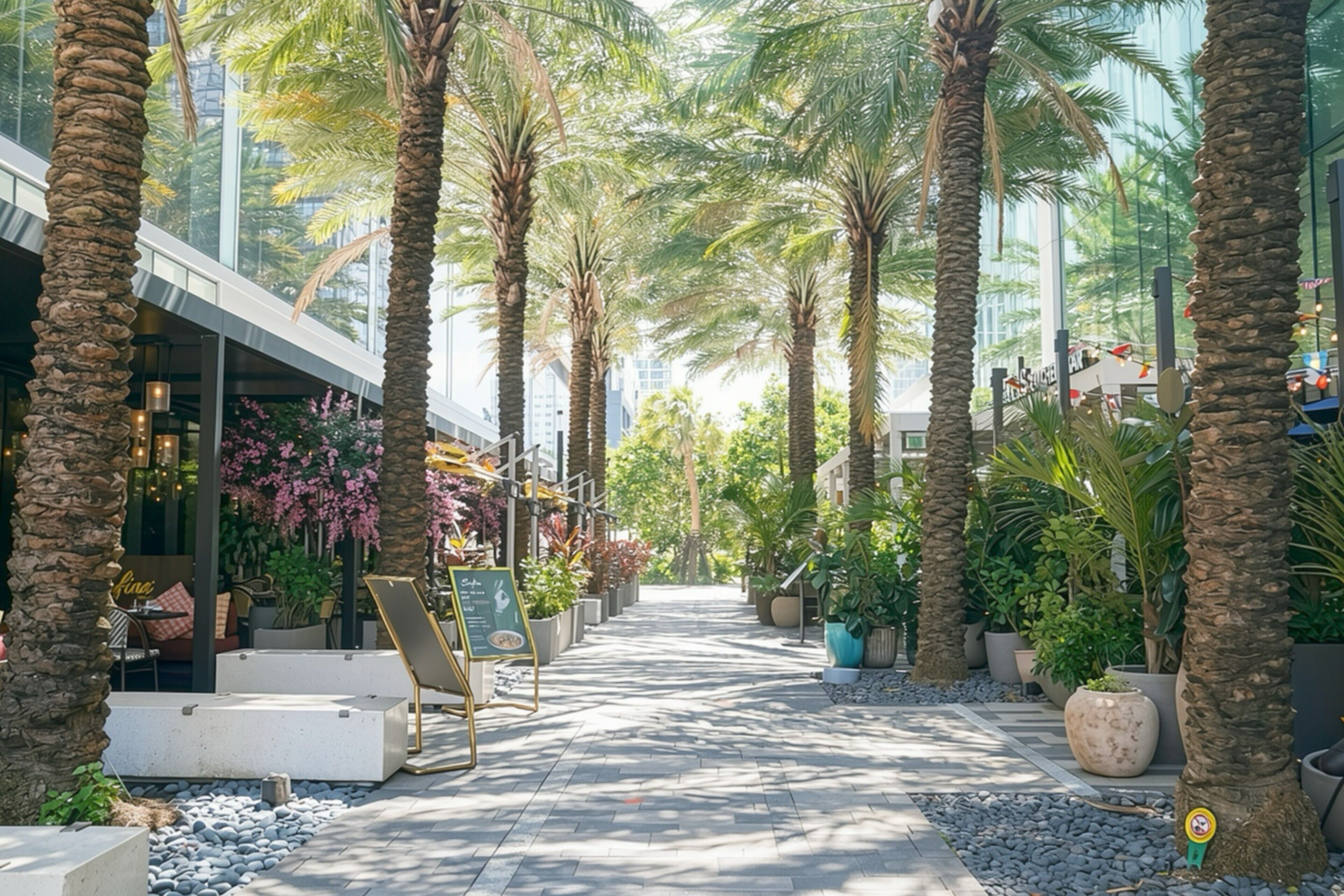 A pathway lined with palm trees and potted plants, leading to a seating area with tables and chairs.