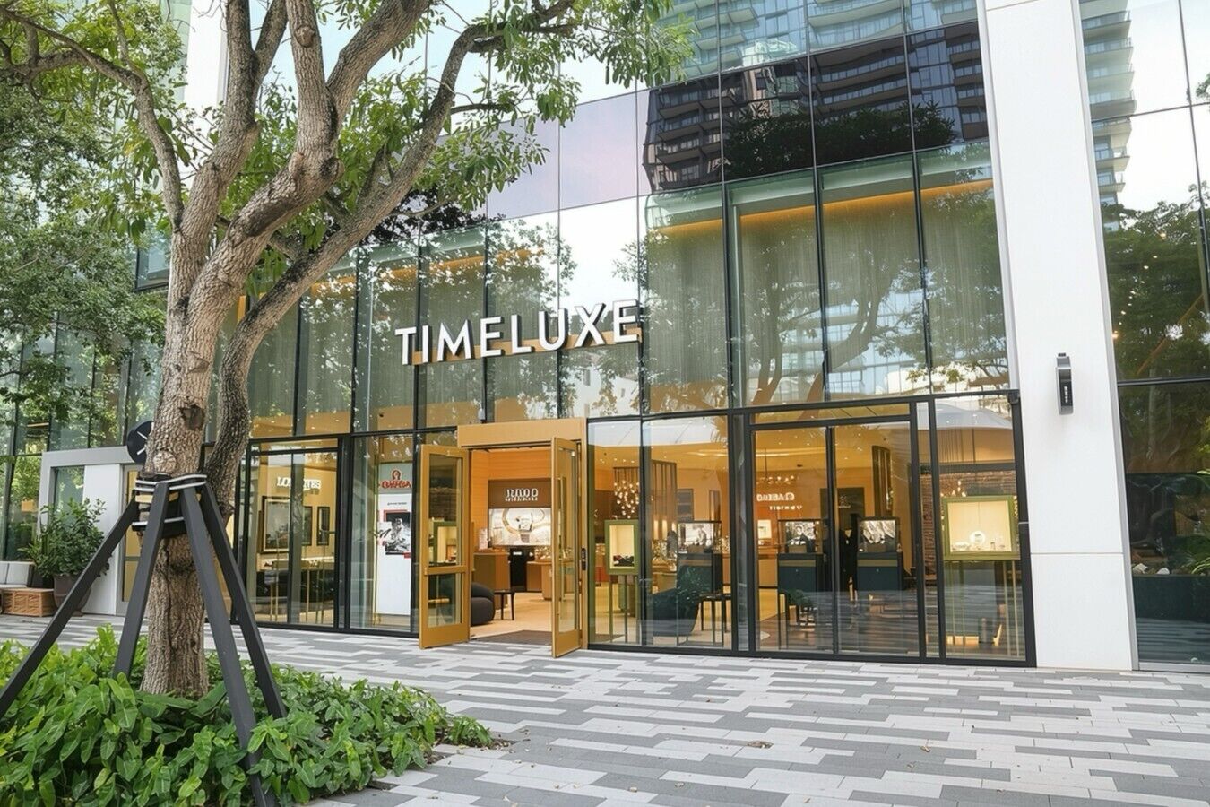 A modern building with a glass facade and the name 'TIMELUXE' prominently displayed.