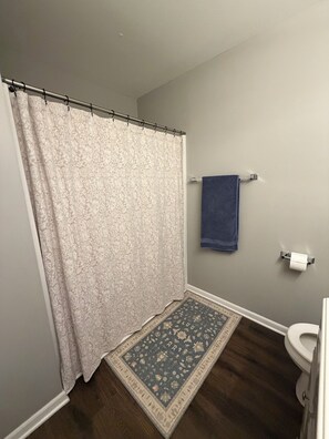 Regadera, secadora de cabello, toallas, jabón 