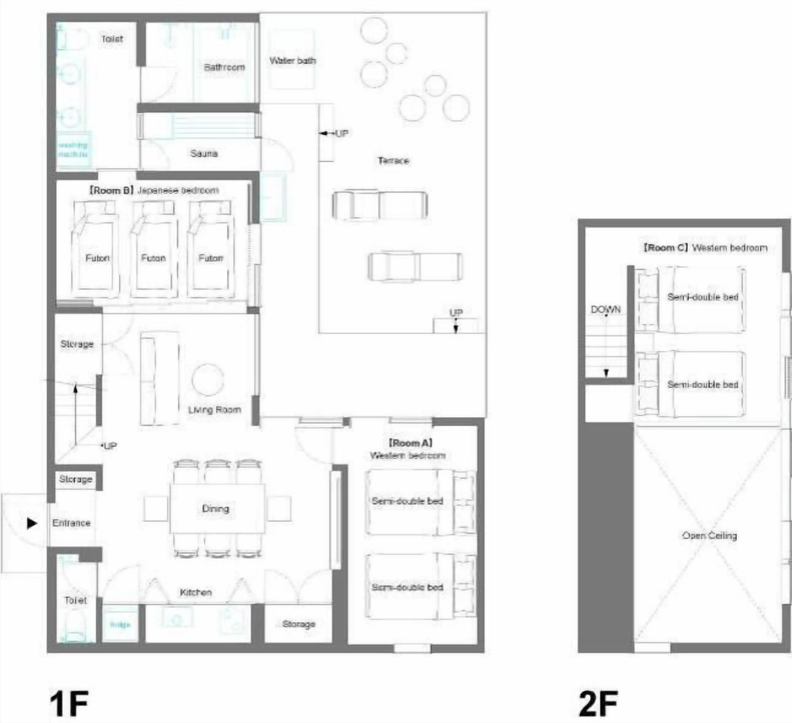 Planer over et hotel, der viser japanske og vestlige værelser, sauna, terrasse og spiseområde.
