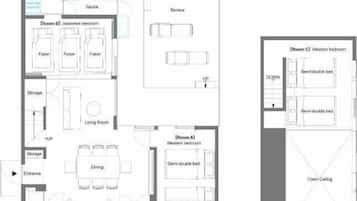 Planer over et hotel, der viser japanske og vestlige værelser, sauna, terrasse og spiseområde.