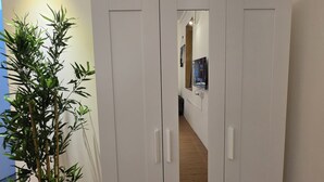 Une armoire blanche à deux portes, une plante en pot et un plancher en bois.