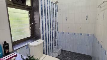 Shower, towels, soap, shampoo