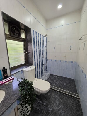 Een douche, handdoeken, zeep, shampoo