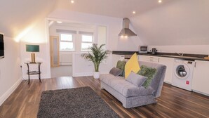 A compact living space with a grey sofa, a small rug, a potted plant, and a washing machine in the background. - The Loft - 96B (Coleraine)